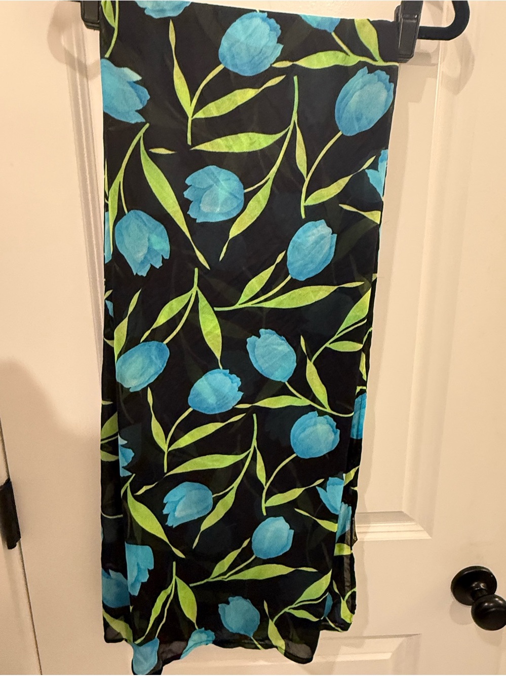 Black Floral Maxi Skirt with Blue Tulip Print